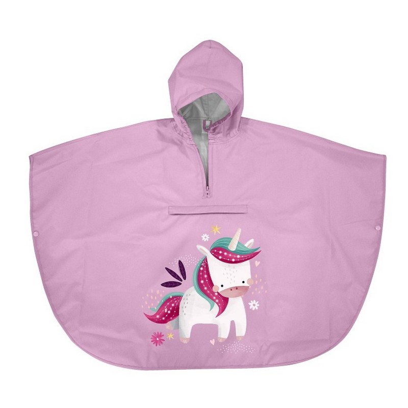 Poncho impermeabile viola decorato con unicorno per bambini, facile da richiudere e da pulire
